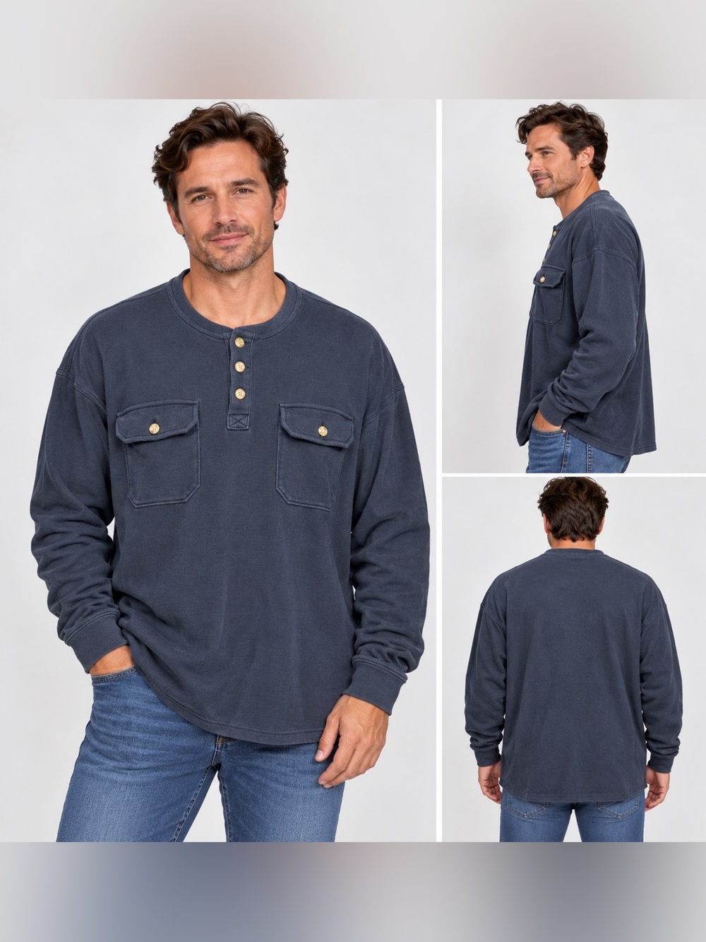 Duluth Trading Co XL Men’s Blue 100% Cotton Long Sleeve 2 Pocket Henley